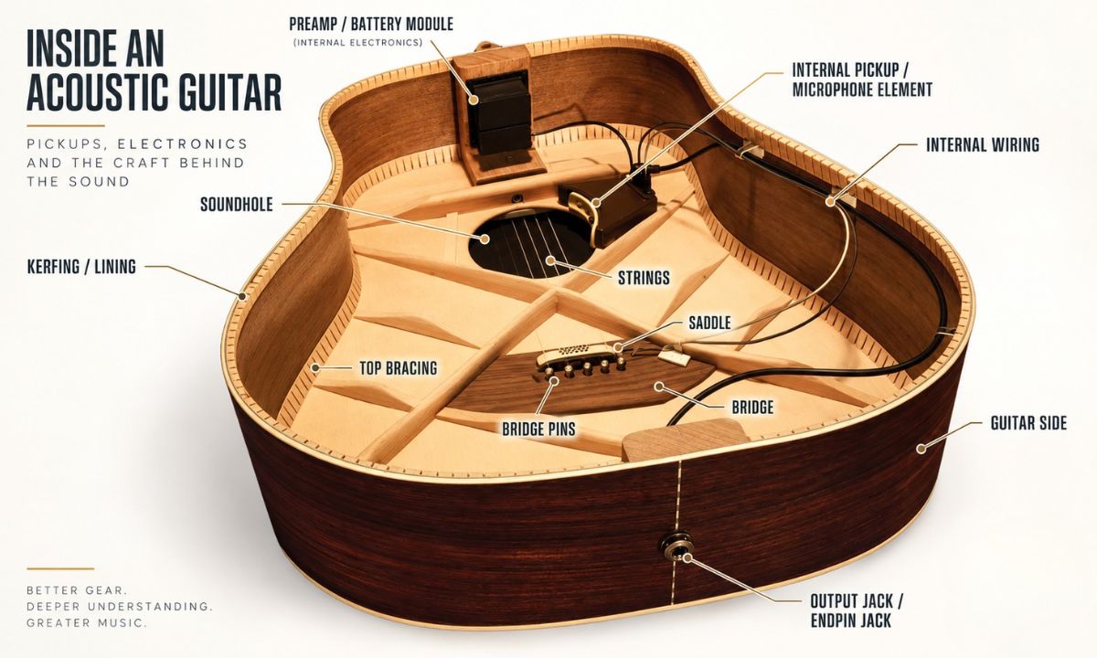 Inside an acoustic guitar showing pickup electronics, internal wiring, bridge, saddle, bracing, soundhole, and endpin output jack